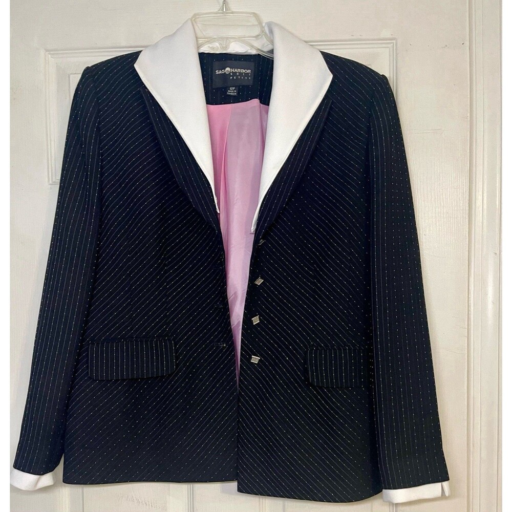 Vintage Sag Harbor Petite Pinstripe Pant Suit Contrast Collar Blazer Set Sz 12 P